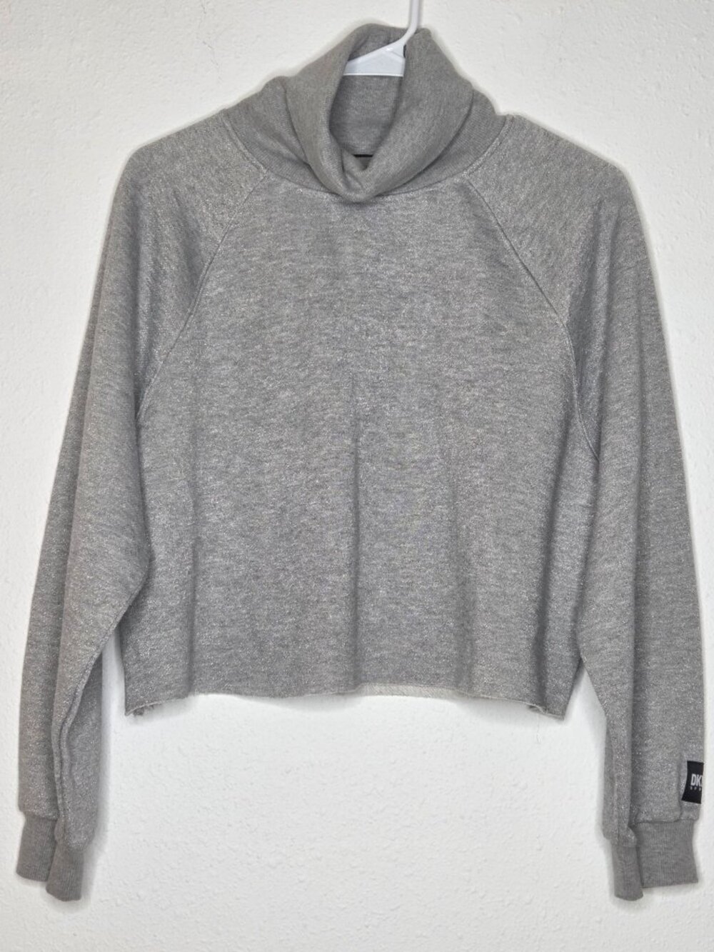 DKNY Sport Metallic Grey Silver Raw Edge Cropped Sweatshirt Small